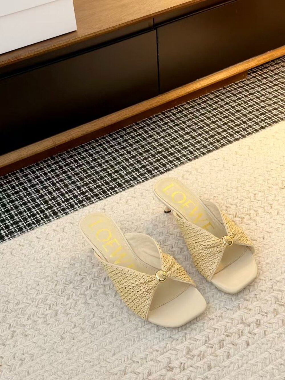 Loewe Beige Twist Strap Gold Stud Square Toe Kitten Heel Slide Mules